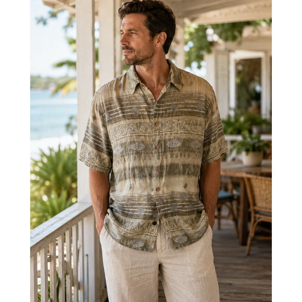 Vintage Linen Cotton Paisley Camp Shirt Mens L St Johns Bay Neutral Resort